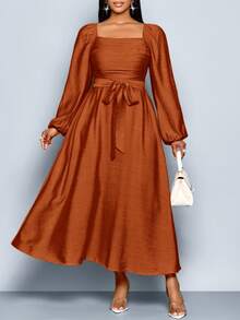 SOLERSUN 女式加大码秋冬法式纯色方领长袖前褶皱荷叶边下摆 A 字形休闲优雅连衣裙，春夏新款女装秋季女士连衣裙，吊带，姜黄色梭织面料，约会购物通勤连衣裙 - 鏽棕色 - 查看 6