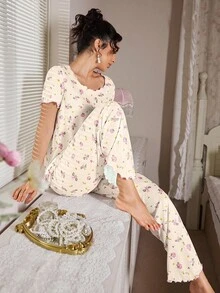 FloralLove 蝴蝶结装饰花卉印花纹理针织女士睡衣套装女士睡衣套装睡衣套装女士花卉睡衣套装女士睡衣套装女士睡衣套装 - 杏色 - 查看 5