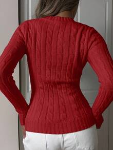 SHEIN EZwear 秋冬大码黑色修身V领毛衣，休闲标志 - 紅色 - 查看 2