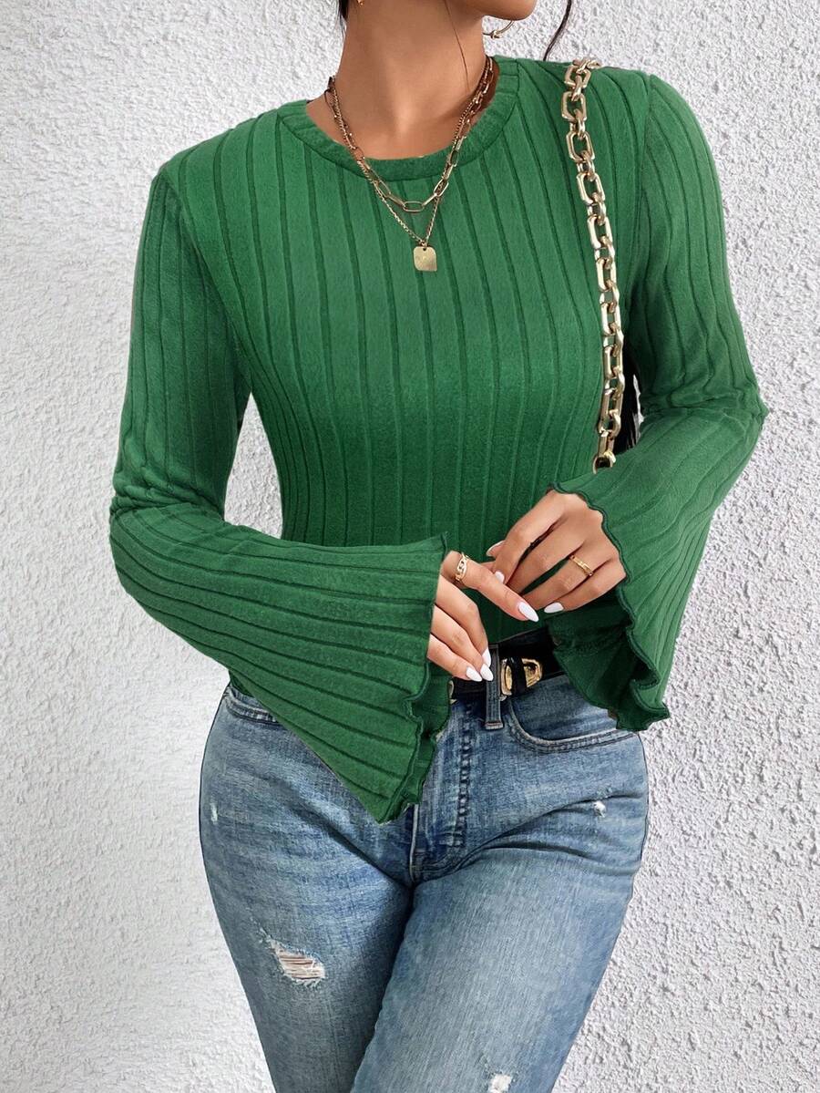 SHEIN Frenchy 生菜边喇叭袖罗纹纹理面料特殊袖针织T恤 - 綠色 - 查看 1