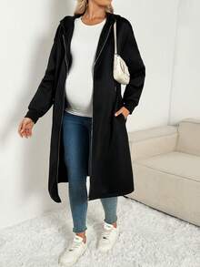 SHEIN Maternity Solid Color Long Sleeve Zip Up Hooded Jacket,Casual Autumn Pregnant Clothes For Women,Office Fall Winter Drop Shoulder Drawstring Coat - Apricot - View 4