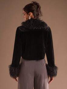 Glamine 女式性感优雅绒面流苏边无领长袖短款夹克 - 黑色 - 查看 2