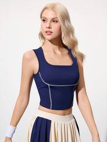 SHEIN Sports Square Neck Stitching Tight Fit Women Sports Bra - Navy Blue - View 7