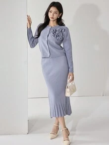 Modelyn 女士优雅纯色开衫和针织裙两件套，秋冬 - 霧霾藍 - 查看 3
