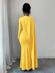 Elenzga Váy dự tiệc sinh nhật màu xanh da trời thanh lịch mùa hè mới, váy dài xếp ly eo đa năng dành cho nữ - Màu vàng - Xem 2