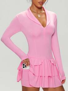 Dewbera Dewbera Women's Zipper Design Long Sleeve Cake Hem Sports Dress - Pink - View 4