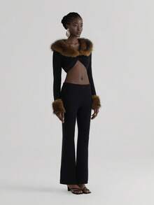 BamGleam 2pcs/Set Fur Collar Fitted Jacket & Flare Pants Women Sweater Suit Woman 2 Piece Outfits Black Two Piece Set Women Black Skirt Set Long Sleeve Two Piece Set Fur Top - Black - View 5