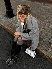 SHEIN EZwear 女士感恩节新款冬季复古风女士休闲长袖外套，灰色街头风 - 淺灰色 - 查看 4