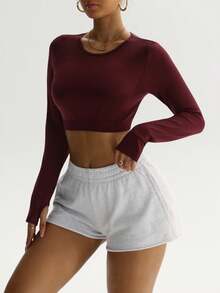 Dewbera Áo thun thể thao ngắn tay cổ tròn màu trơn tối giản dành cho nữ - Gỗ đỏ - Xem 4