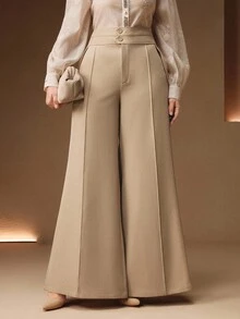 Anewsta Quần ống loe dài màu kaki cạp cao hai lớp thanh lịch, có túi thắt lưng dành cho nữ, Xuân/Thu - Màu Khaki - Xem 5