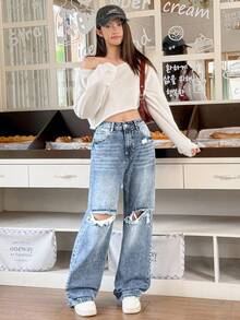 SHEIN EZwear 女式高腰口袋破洞阔腿宽松休闲牛仔裤 - 淺色水洗藍 - 查看 5