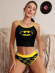BATMAN X SHEIN 女款黑色舒適蝙蝠印花內衣內褲套裝 卡通內衣套裝 可愛內衣套裝 內褲與胸罩套裝 - 黑色 - 查看 4