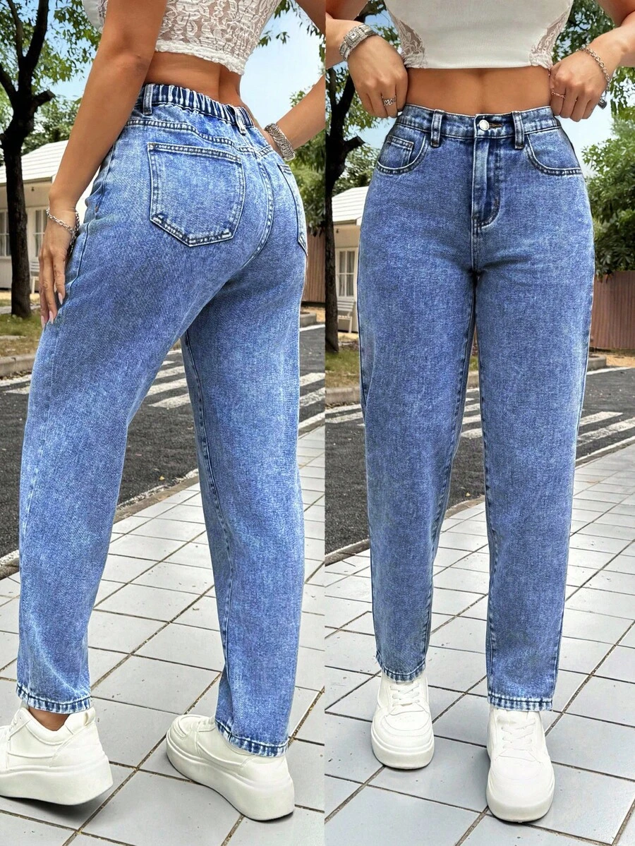 SHEIN PETITE 女士休闲修身锥形七分牛仔裤，蓝色低腰宽松牛仔裤，喇叭裤型女式牛仔裤，娇小款女式牛仔裤 - 中等水洗藍 - 查看 1