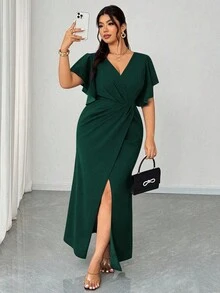 Elenzga 大码优雅浪漫荷叶袖V领修身鱼尾裙摆鸡尾酒会婚礼宾客礼服，春秋季 - 墨綠色 - 查看 5