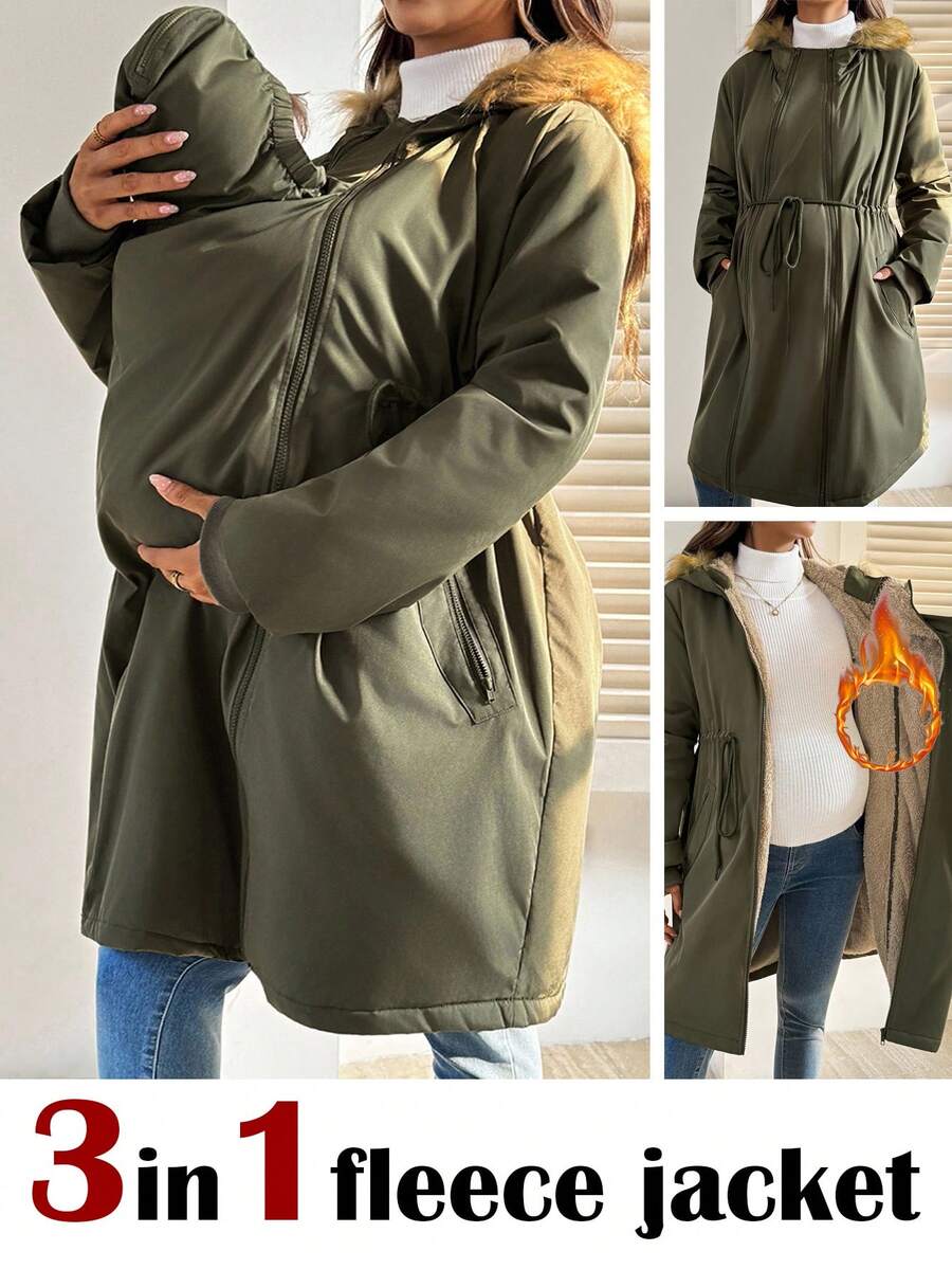 SHEIN 孕妇纯色连帽仿毛领中长款加厚保暖三合一夹克