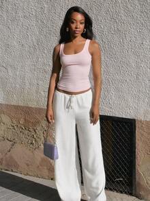 Yess Loren Solid Low Waist White Linen Pants, Loose Fit Beach Trousers, Summer,Linen Pants - White - View 6