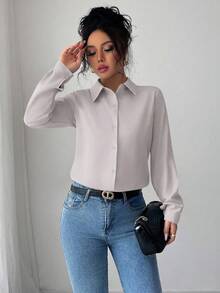 Elenzga 女式纯色长袖单排扣休闲/工作衬衫 - 淺灰色 - 查看 5
