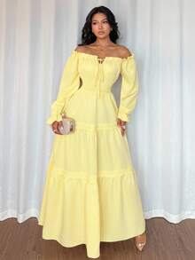 Elenzga 新款女式露肩泡泡袖前系带蝴蝶结腰部喇叭褶边拼接春秋度假休闲时尚年轻日常百搭优雅长裙 - 黃色 - 查看 6