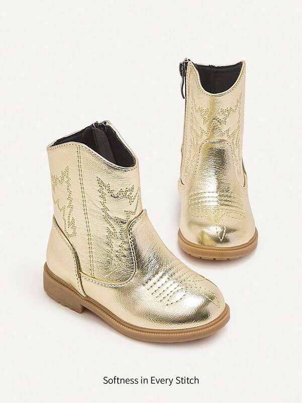 Cozy Pixies Fashionable, Versatile, Cute, Comfortable & Durable Gold Embroidery Cool Infant Cowboy Boots, Autumn/Winter Party