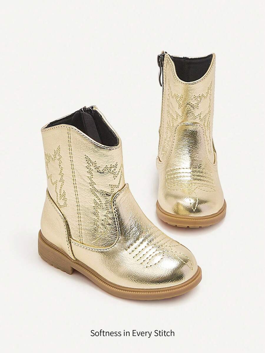 Cozy Pixies Fashionable, Versatile, Cute, Comfortable & Durable Gold Embroidery Cool Infant Cowboy Boots, Autumn/Winter Party - Gold - View 1