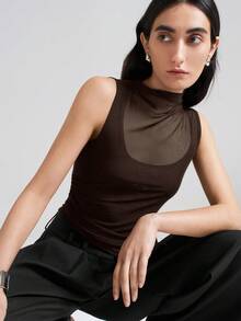 Ontre Women's Asymmetric Asymmetrical Hem Oblique Collar Sleeveless T-Shirt, Urban Commute Business Casual Wear, Office Outfit, Teacher Outfit, Basic Top, Outerwear, Brown