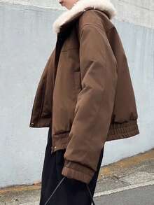 FRIFUL 女士棕色纯色撞色米色毛领袖口下摆抽绳宽松休闲百搭夹棉大衣，秋冬夹克 - 咖啡棕 - 查看 4