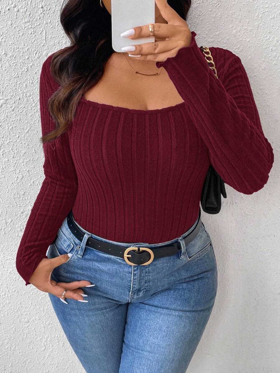 SHEIN Frenchy Plus Size Casual Ribbed Crew Neck Fitted T-Shirt - Burgundy - View 1