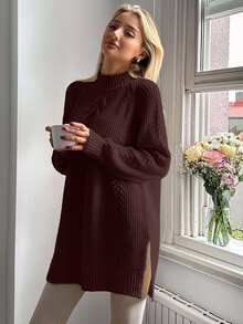 EURMUSE Cable Pattern Mock Neck Raglan Sleeves Mini Sweater Dress - Brown - View 6