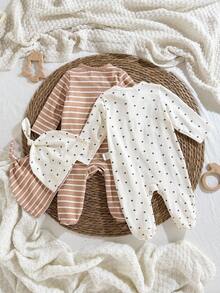 Loomiva 4pcs/Set Newborn Baby Boy Colorful Striped Star Pattern Soft Knit Long Sleeve Romper, Pants And Hat - Khaki - View 2