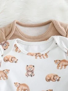 Cozy Pixies 2件套新生女宝宝卡通熊图案针织柔软圆领长袖连体衣套装