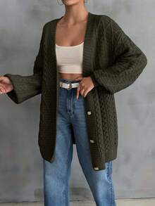 EURMUSE Women Cable Knit Detailed Long Cardigan - Army Green - View 5