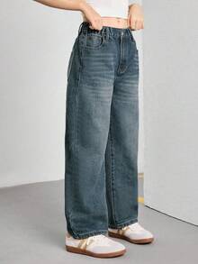 بنطلون جينز فضفاض عتيق بساق واسعة للفتيات المراهقات StreetCool، بنطلون جينز مستقيم الساق عادي - ازرق مخضر - مشاهدة 8