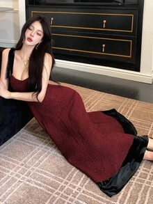 DAZY Women's Contrast Color Waist Tie Shoulder Elegant Dress Red Women Dresses Prom Dress Christmas Maxi Dress - Red - View 3