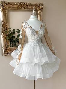 Lovelzi Elegant Luxurious Beige Sheer Long Sleeve Handmade Applique Sexy Open Back Lace Embroidery Patchwork Pleated A-Line Princess Dress With Adjustable Tie Back, Bridal Gift Occasion Gown