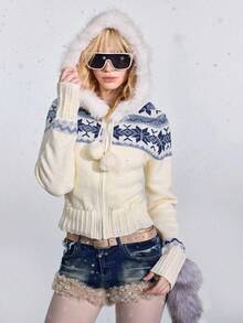 ROMWE Avant American Vintage College Style Sweet & Spicy Fuzzy Knit Atmosphere Beige Fitted Short Zip-Up Hooded Long Sleeve Cardigan Sweater For Women, Autumn/Winter