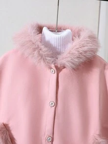 青少年女孩时尚可爱仿皮草拼布连帽斗篷大衣，秋冬 - 粉色 - 查看 3