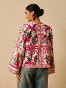 Travachic Retro Print Tie Front Casual Plus Size Blouse For Women Boho Blouses Women S Blouses For Summer Silk Blouse Women Blouses For Summer Anthropologie Clothes Cozy Fall And Winter Clothes For Women Elegant Pink Tops