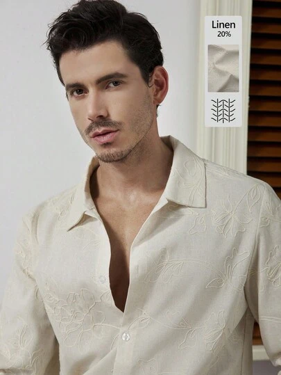 Core Aspect 男士纯色米色亚麻时尚几何绳绣长袖衬衫，几何提花刺绣长袖衬衫，质感面料，常规款翻领长袖纽扣衬衫，绅士复古休闲都市风，日常通勤、约会外出时尚单品，男士衬衫，刺绣衬衫，男士亚麻米色衬衫，男士钩针衬衫，秋季
