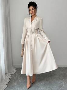 Elenzga Đầm dài tay cổ bẻ thanh lịch thường ngày dành cho nữ, mùa thu/đông - Màu be - Xem 3