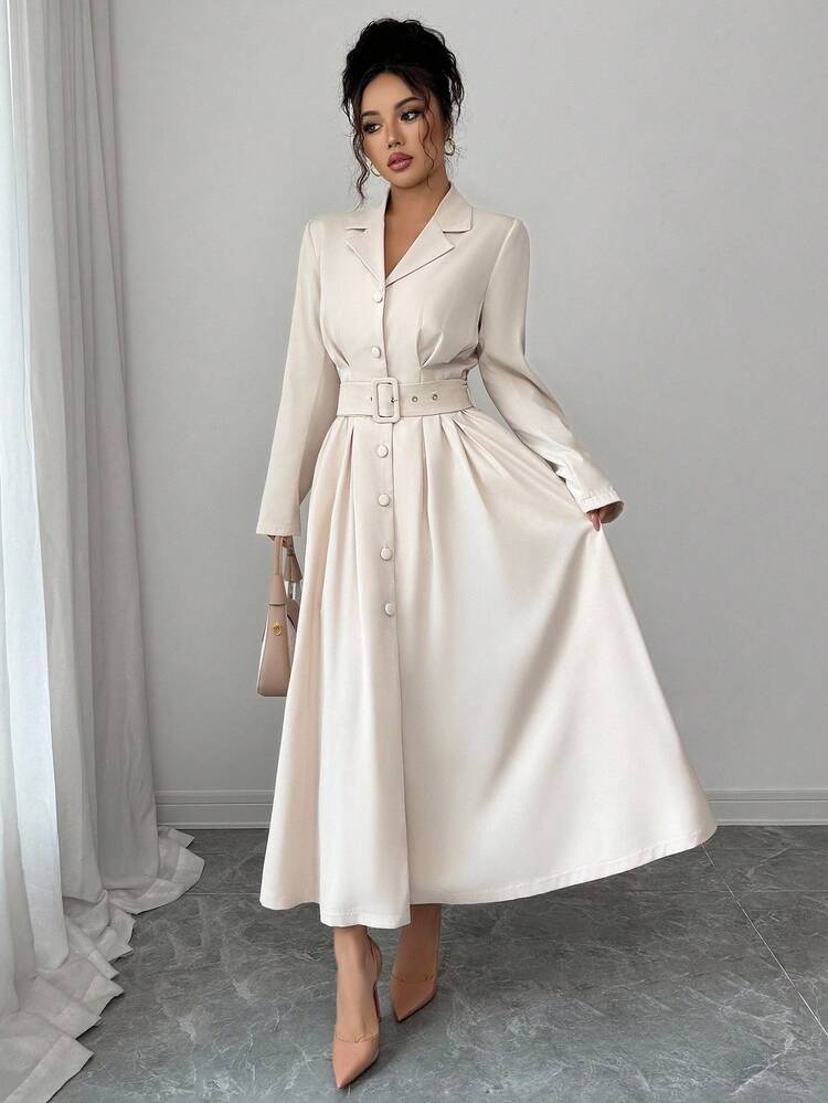 SHEIN Elenzya Vestido Casual Elegante de Manga Longa com Colarinho para Mulheres, Outono/Inverno - Damasco - Visão 3