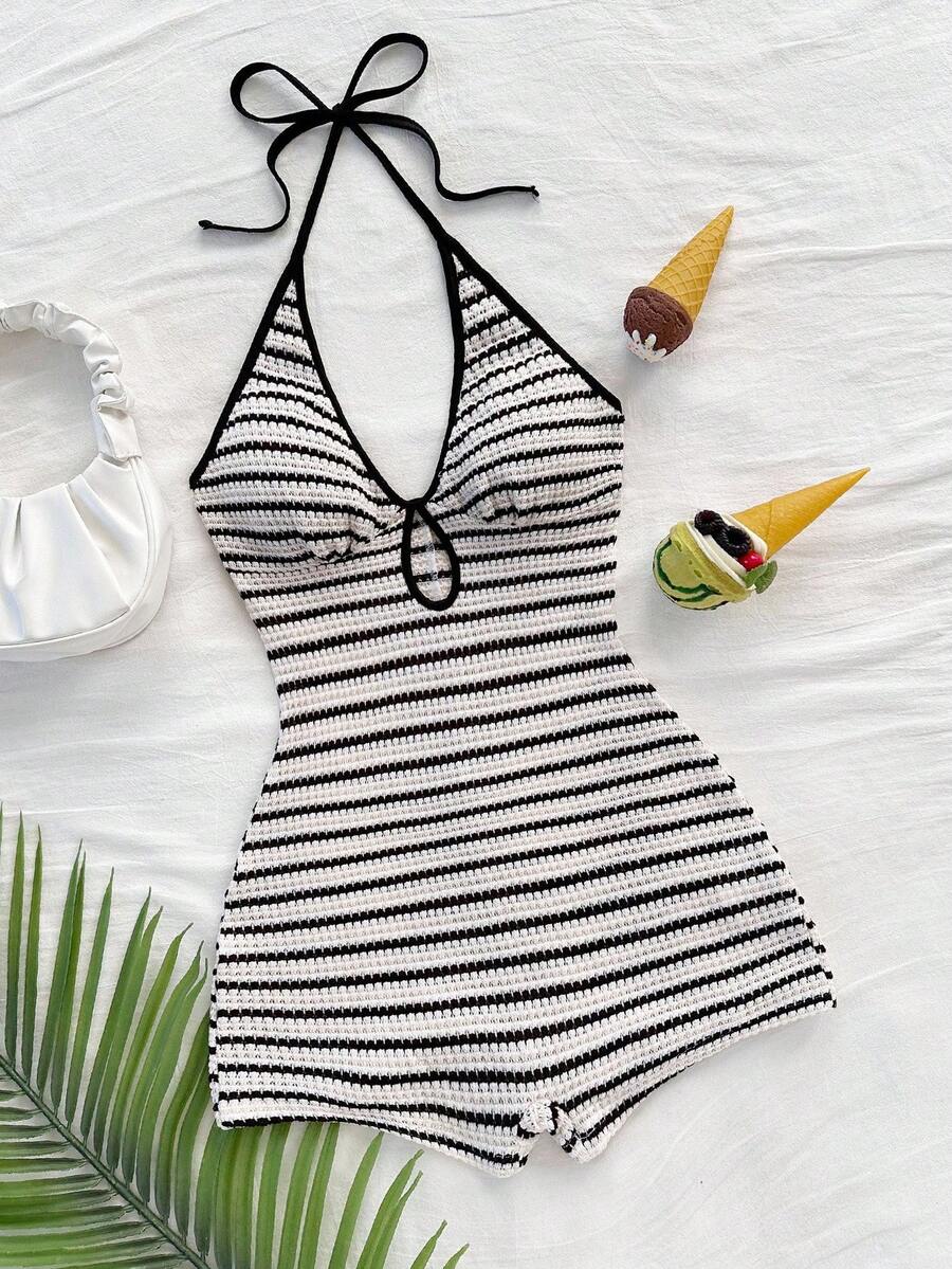 Soleia 女士休闲度假新款 V 领露背系带蝴蝶结镂空黑白撞色修身罗纹连体裤，适合派对、约会、下午茶、海滩 - 黑與白 - 查看 1