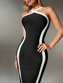 Nuvra 女士塑身性感交叉吊带紧身连衣裙 - 黑與白 - 查看 4