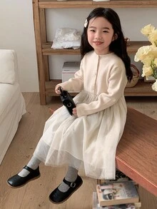 DAZY 女童毛衣撞色网眼连衣裙，秋季服装 - 杏色 - 查看 5