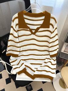 GlowEve CURVE 大码休闲拼色条纹针织上衣 - 棕色 - 查看 1