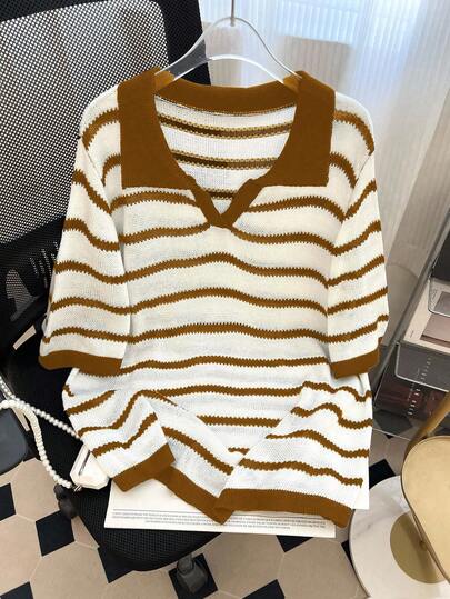 GlowEve CURVE 大码休闲拼色条纹针织上衣