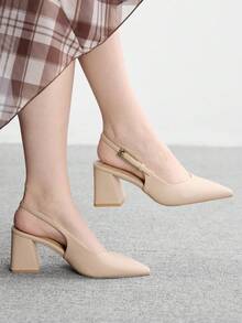 CUCCOO BIZCHIC Women's Fashion Burgundy Open Back Pointed Toe Chunky Heels Pumps, Classic Minimalist Design For Commute, Date, Party, Holiday, Wedding - Apricot - View 3