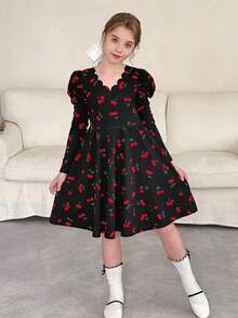 LMoss Kids Vestido casual de malha com estampa de cereja e manga gigot para meninas pré-adolescentes