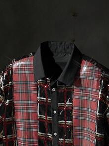 Manfinity RebelGame 男士休闲时尚街头学院风格子印花宽松短袖衬衫，夏季 - 彩色 - 查看 3