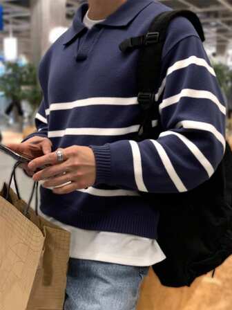 Manfinity CasualKnits Men's Striped Polo Neck Long Sleeve Casual Sweater, Autumn/Winter Polo Sweater Men Striped Sweater Men Knit Tops Jumper For Men Long Sleeved Striped Men