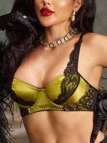 SHEIN Plus Size Women Lace Patchwork Comfortable Underwire Bra - Gold - View 1
